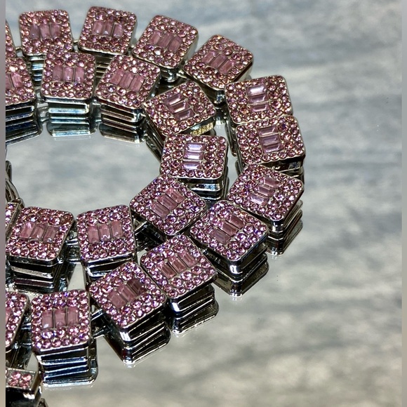 Stunning Pink Glass Rhinestone Statement Necklace Stainless Steel w Safety Clasp - Picture 8 of 13